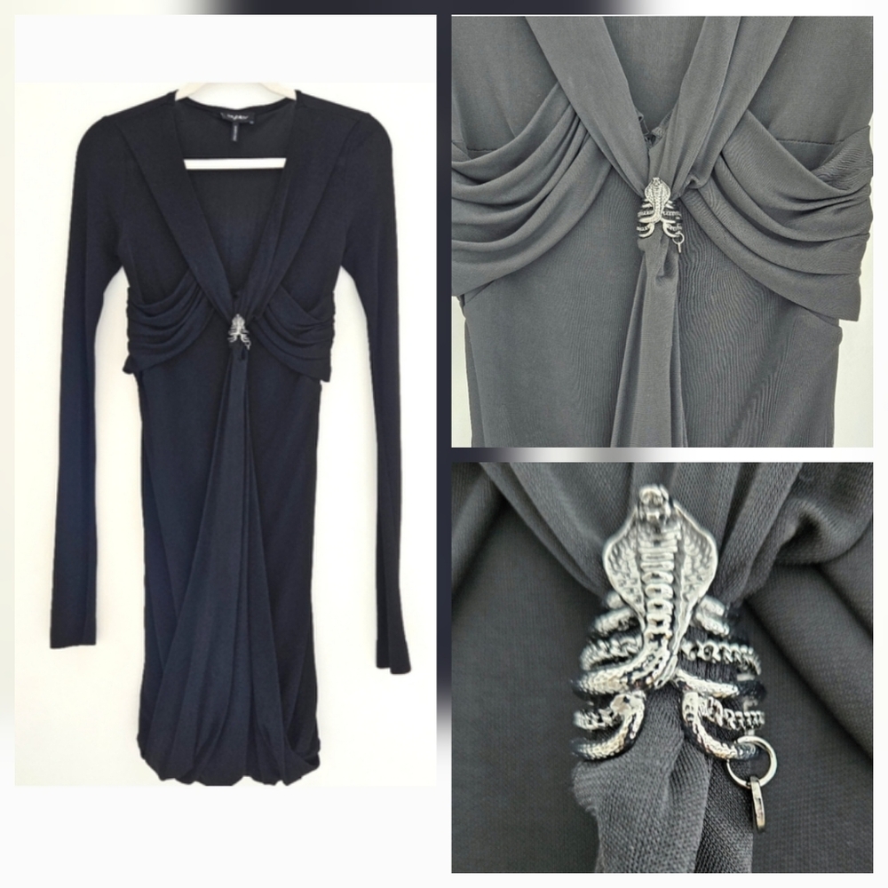 Byblos Black Snake Hardware Long Sleeve Vee Neckline Draped Pencil Fitted Dress